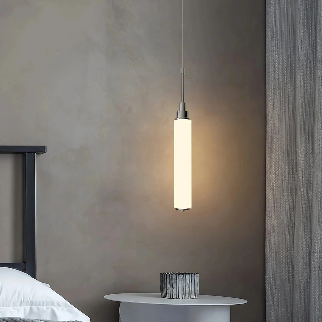 Lámpara colgante de vidrio blanco cilíndrica moderna para mesita de noche