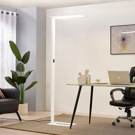 Prios lámpara de pie LED para oficina Taronis, blanca, 195 cm, atenuable
