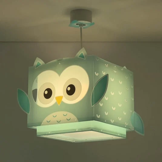 Lámpara colgante infantil Dalber LITTLE OWL, azul, con motivo de búho