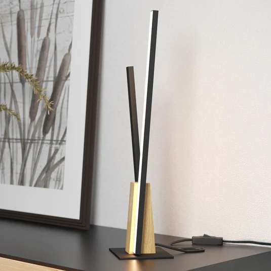 Lámpara de mesa LED Panagria, negra con detalle de madera