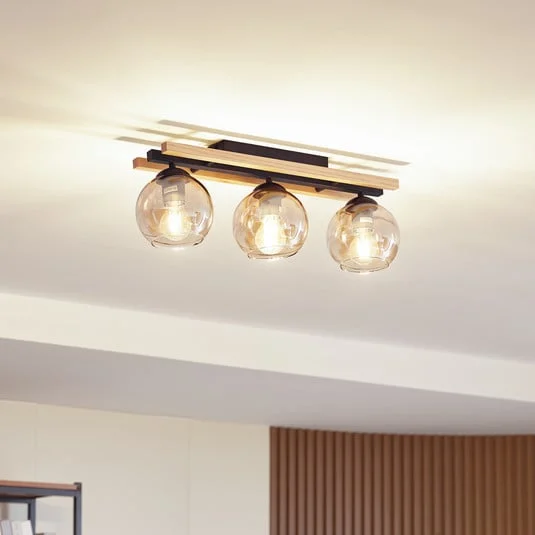Lindby lámpara de techo Enrique, ámbar, 3 luces, cristal, madera, E27