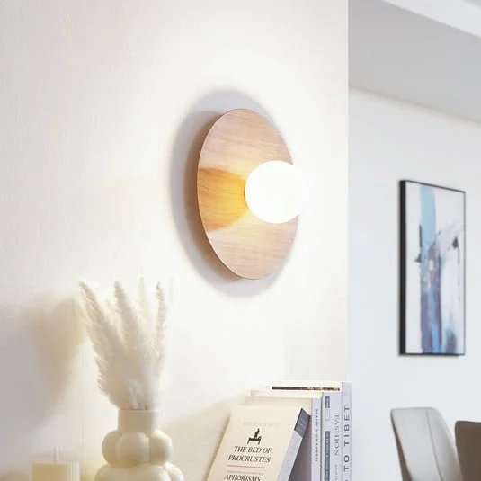 Aplique de pared Lindby Zain, color madera/blanco, cristal, Ø 33 cm, G9
