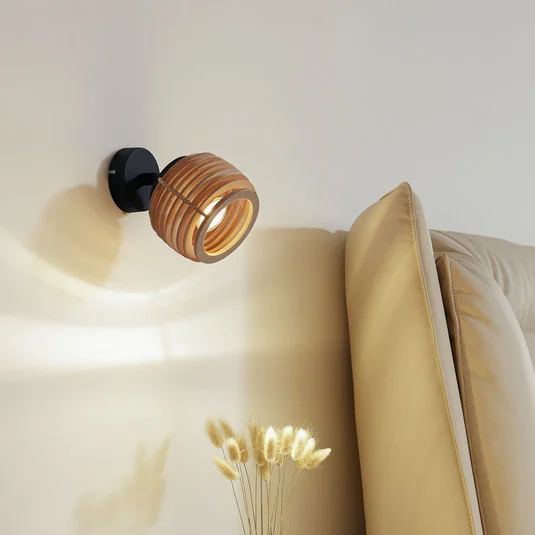 Aplique de pared Lindby Ediz, GU10, negro, madera, Ø 12,7 cm