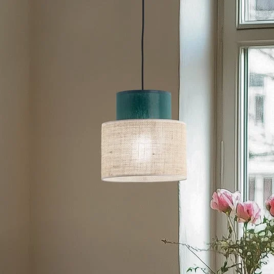 Lámpara colgante Duo, pantalla de yute, petróleo/marrón natural, Ø 20 cm