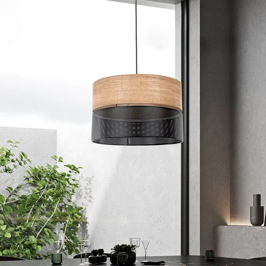 Nicol lámpara colgante, negro/efecto madera, Ø 50 cm, 1 luz, 3 x E27