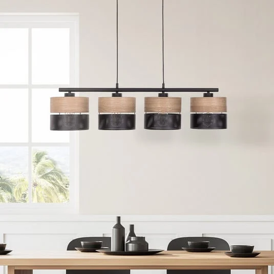 Nicol lámpara colgante, negro/efecto madera, 94x20 cm 4 luces 4 x E27