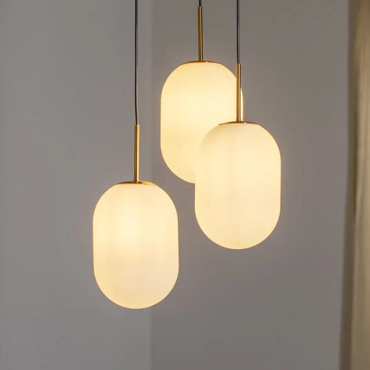 Lámpara colgante Alias, metal dorado, cristal opalino, 3 luces redonda