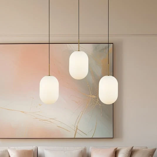 Lámpara colgante Alias, metal dorado, cristal opalino, 3 luces larga
