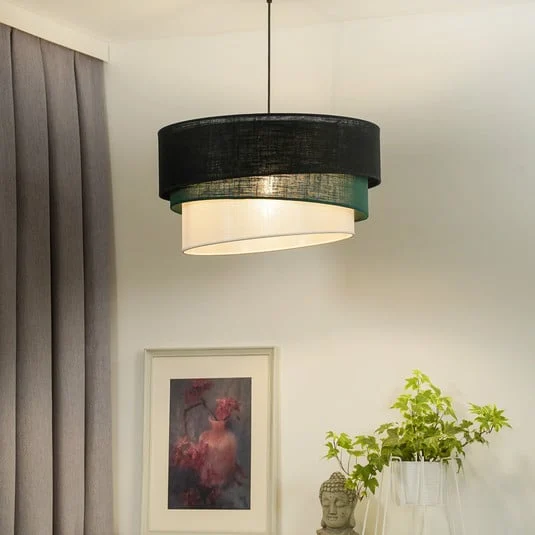 Lámpara colgante Euluna Trio, negro/verde/blanco, textil, Ø 45 cm