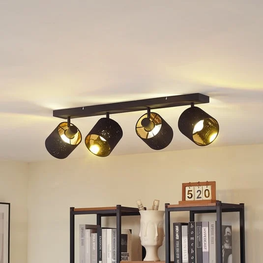 Plafón Lindby Vasilia, 4 luces, negro/oro, tela