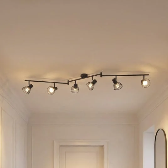 Plafón Lindby Piena, negro, 6 luces, metal, 150 cm