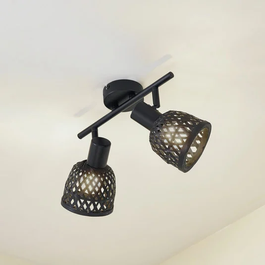 Plafón Lindby Eskil, 2 luces, negro, bambú, Ø 10 cm