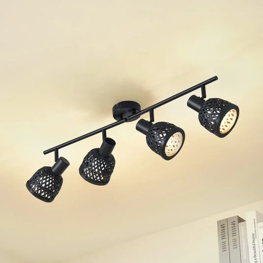 Plafón Lindby Eskil, 4 luces, negro, bambú, Ø 10 cm