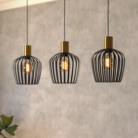 Lámpara colgante Empoli, negro/latón, 3 luces.