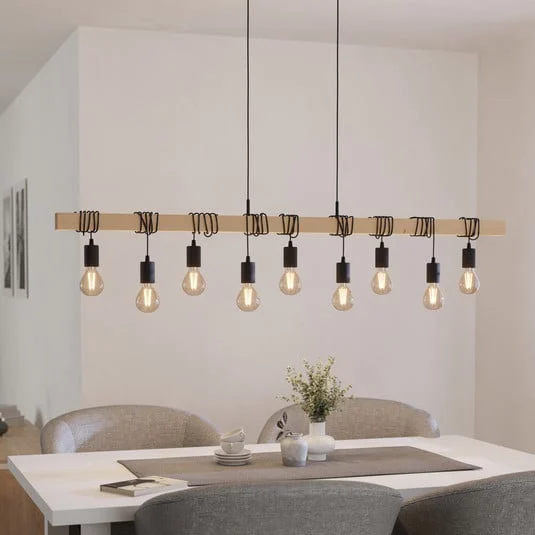 Lámpara colgante Townshend, longitud 150 cm, negro/madera, 9 luces.