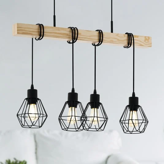 Lámpara colgante Townshend, longitud 70 cm, negro/roble, 4 luces.