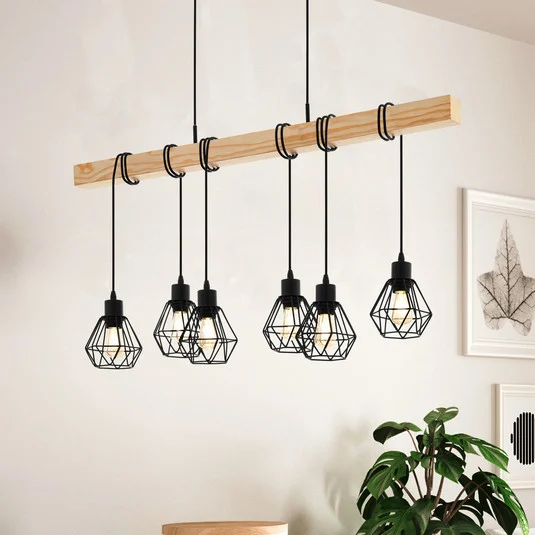 Lámpara colgante Townshend, longitud 100 cm, negro/roble, 6 luces.