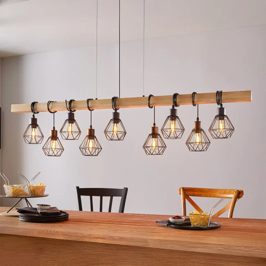 Lámpara colgante Townshend, longitud 150 cm, negro/roble, 9 luces.