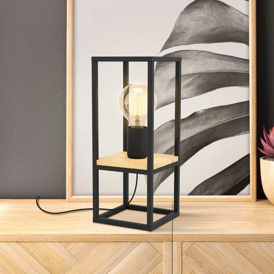 Lámpara de mesa Libertad, altura 35 cm, negro/madera, acero