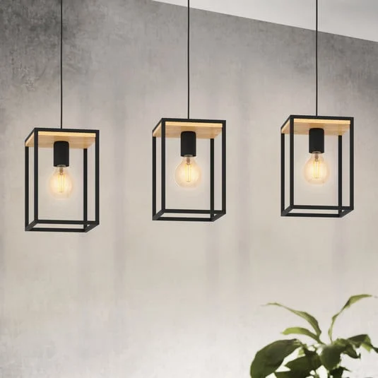 Libertad lámpara colgante, longitud 88 cm, negro/madera, 3 luces.