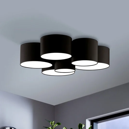Plafón Pastore 2, Ø 99 cm, negro, 6 luces, tela
