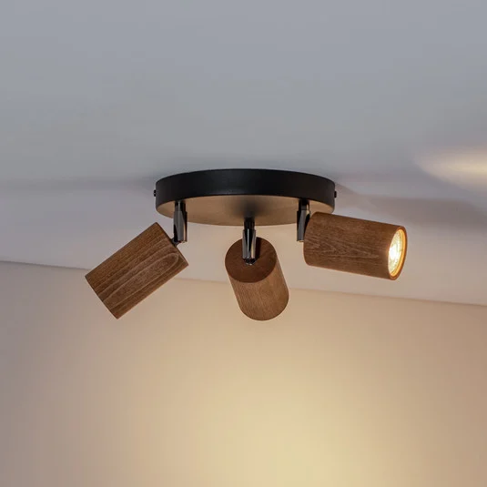 Plafón Nise, 3 luces, redondo, acero negro, madera