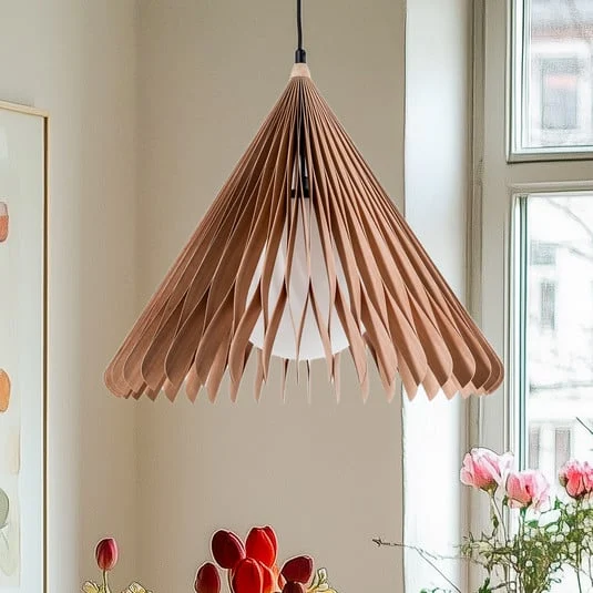 Lámpara colgante Nature Sun de cristal XL, cono puntiagudo, Ø 48 cm, madera