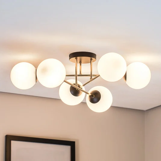 Plafón Magnum, 6 luces, blanco opalino/dorado/negro, cristal