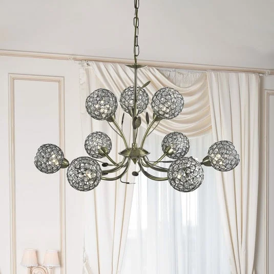 Lámpara de araña Bellis II, latón envejecido, cristal, 9 luces, G9
