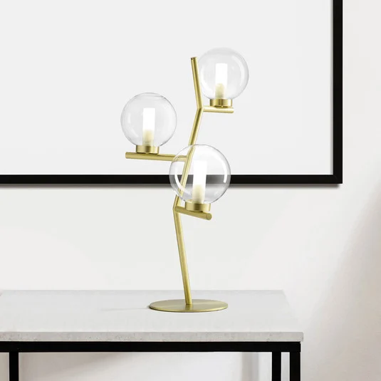 Lámpara de mesa Camely, 3 luces, oro cepillado/claro, cristal