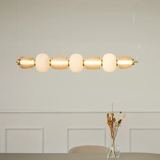 Lámpara colgante LED LOOM DESIGN Pearl 7, ámbar/dorado, cristal, 110 cm