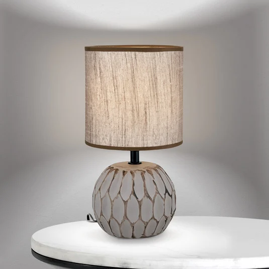 Lámpara de mesa Pinia, marrón, altura 27,5 cm, cerámica/lino