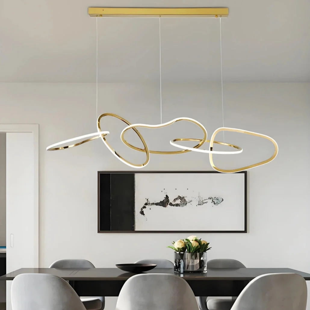 Lámpara Colgante de Diseño LED Moderna Dorada con Aros para Comedor