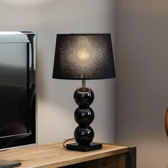 Lámpara de mesa textil Fulda, decoración de cristal, negro