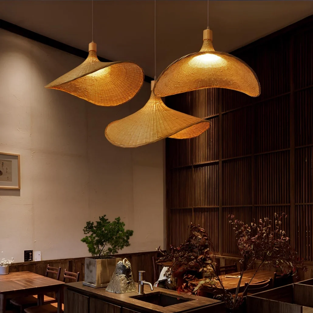 Lámpara Bambú Colgante de Estilo Moderno con Diseño Sombrero para Comedor