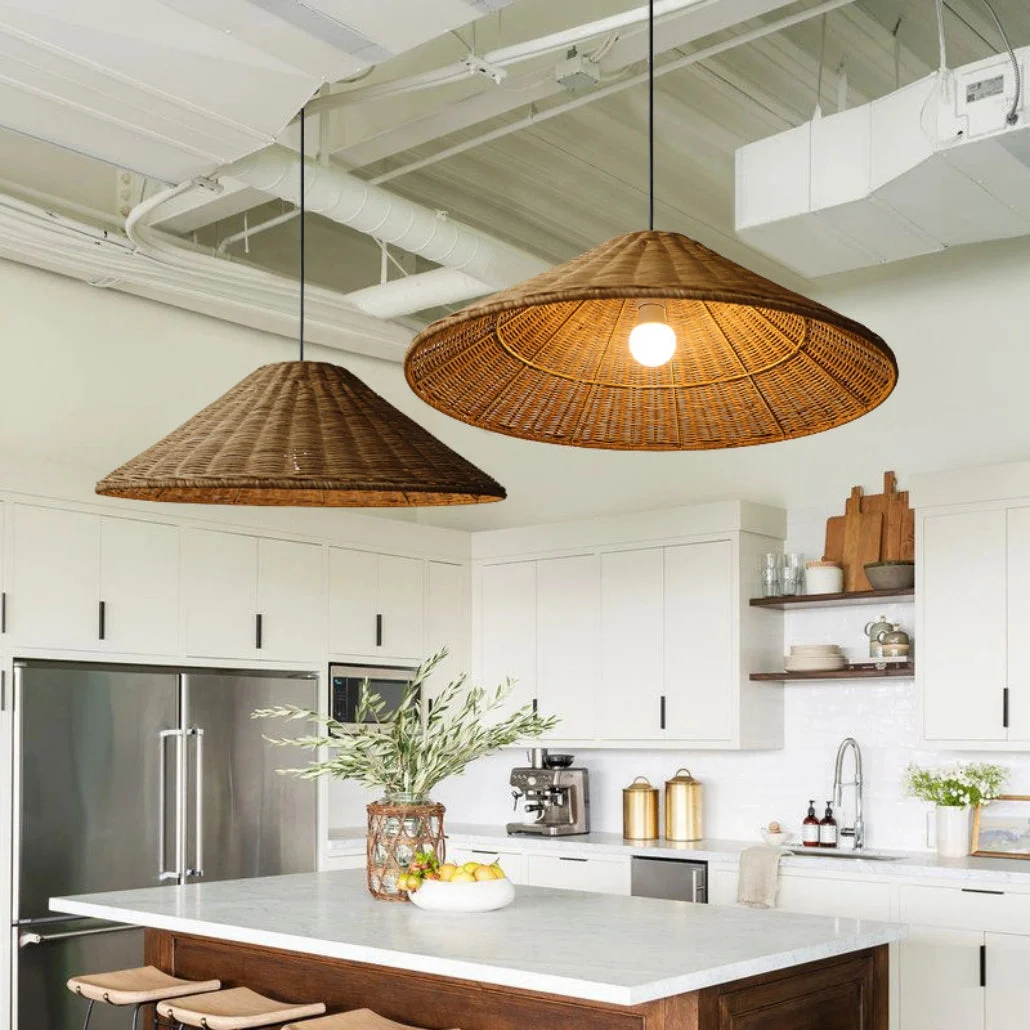 Lámparas de Mimbre Colgantes LED Vintage Forma Sombrero para Comedor