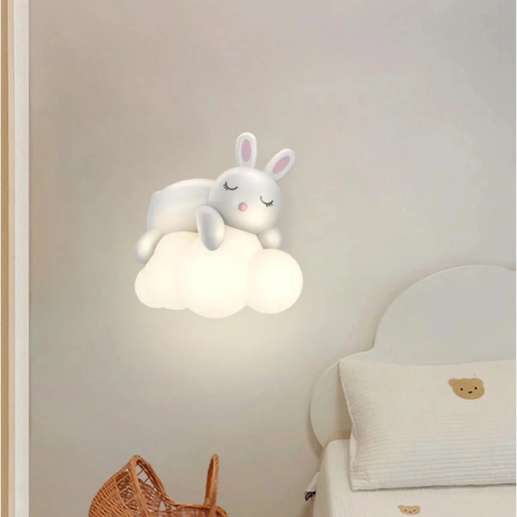 Aplique Infantil Blanco Diseño Nube con Conejo y Luz Suave Estilo Moderno