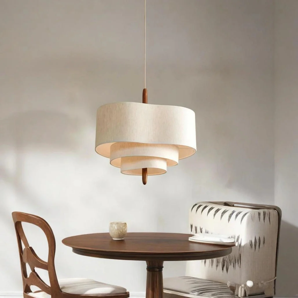Lámpara de Tela Colgante Estilo Japonés Beige Regulable en Altura para Comedor