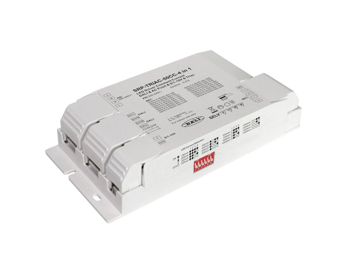 Driver regulable TRIAC DALI PUSH 0/1-10V 8-48VDC 50W multicorriente (180-1500mA)