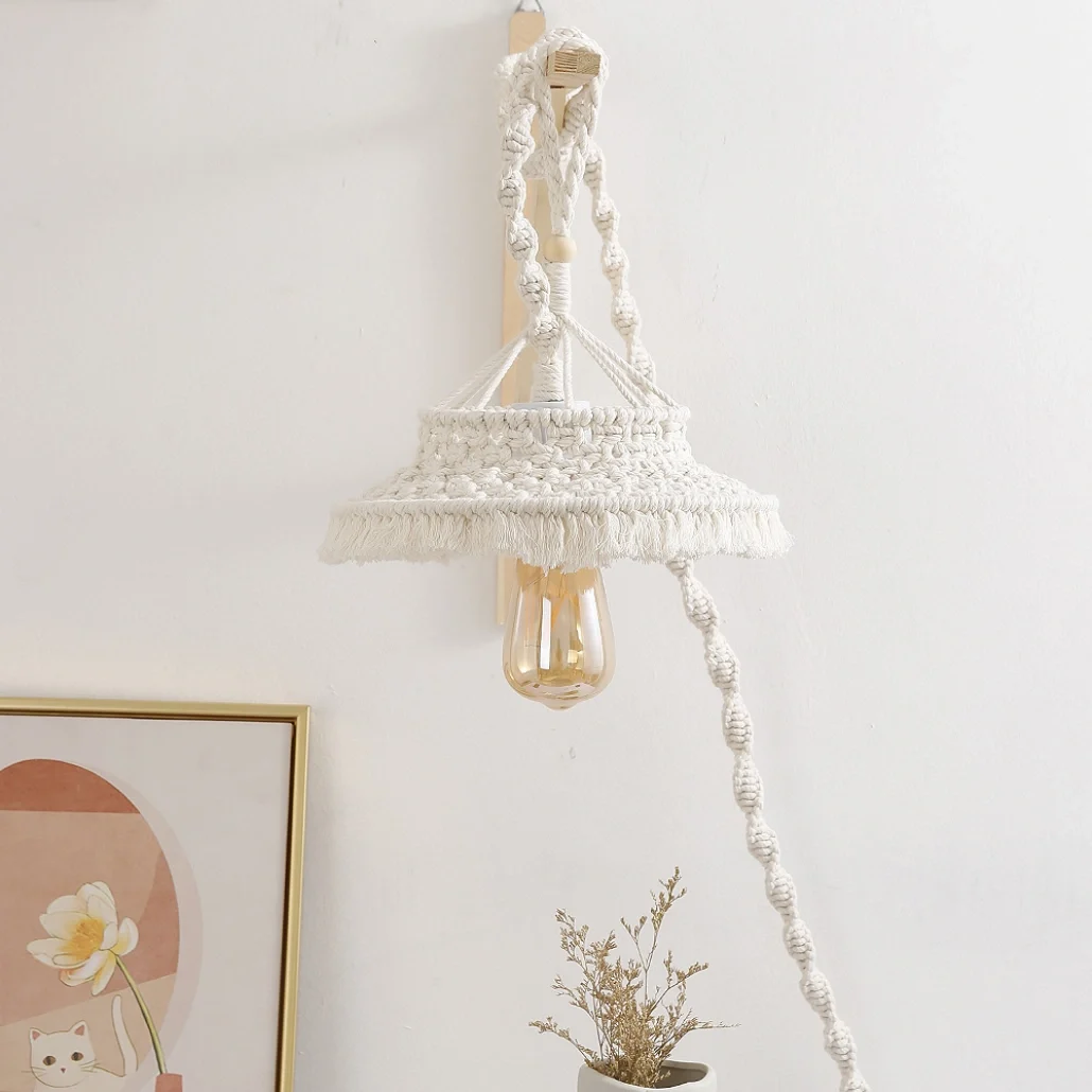 Lámpara de Macramé Colgante LED Blanca Estilo Bohemio para Dormitorio
