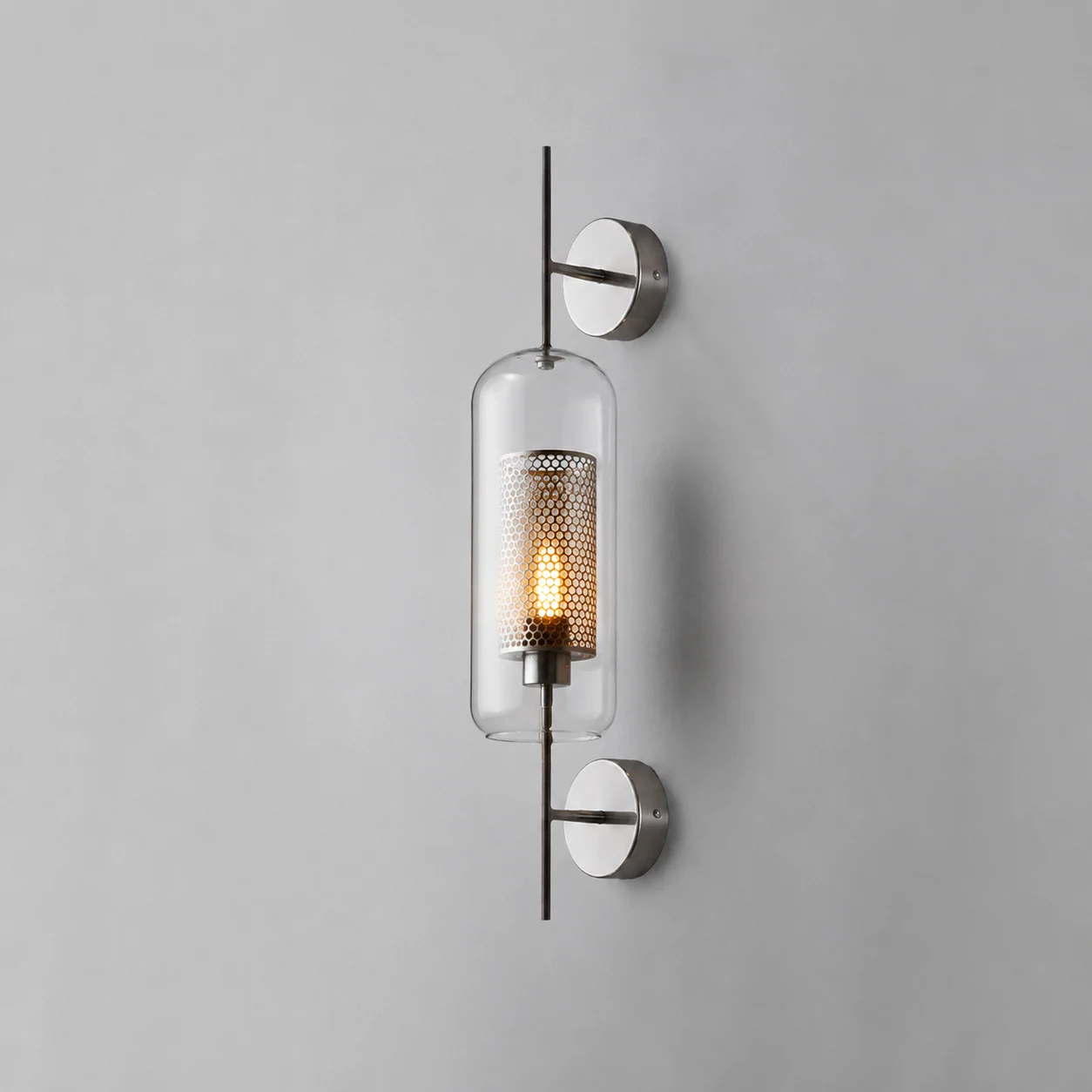 Atria: Aplique de Pared Geométrico Industrial de Metal y Vidrio