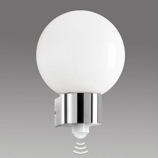 Aplique de exterior Kekoa, vidrio, acero inoxidable, sensor, Ø 23 cm