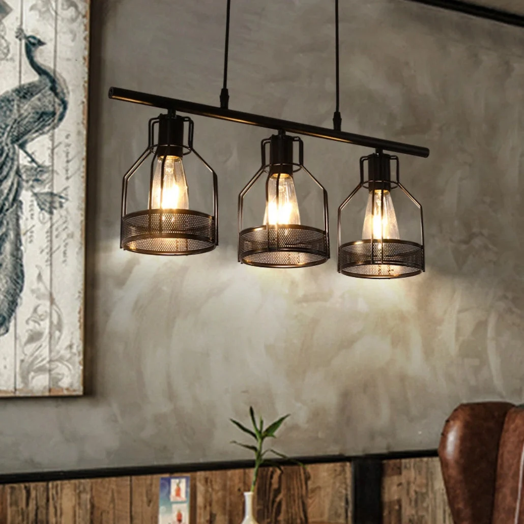 Lámpara colgante múltiple industrial de metal negra para comedor