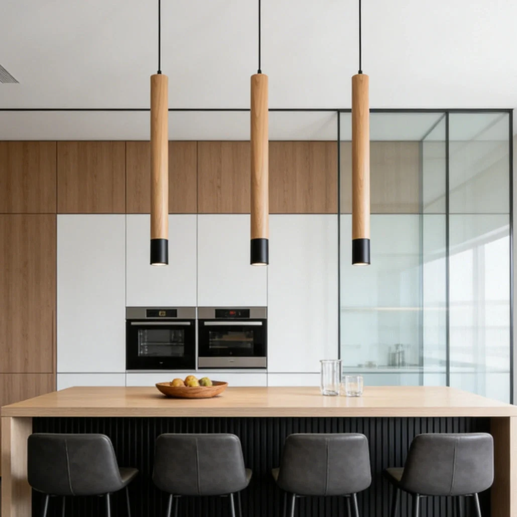 Lámpara Colgante de Madera para Comedor Estilo Moderno LED en Tubo