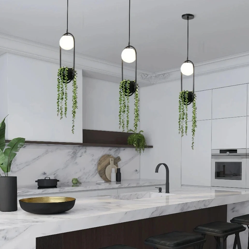 Lámpara LED con Plantas Colgantes de Diseño Nórdico Ovalada Negra para Comedor