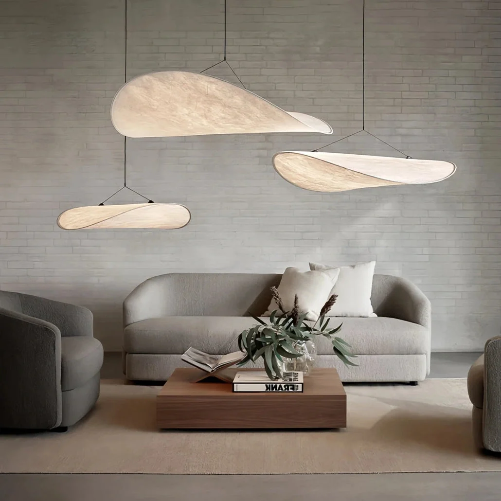 Lámpara Colgante de Tela Blanca con Luz LED Estilo Japandi para Salón