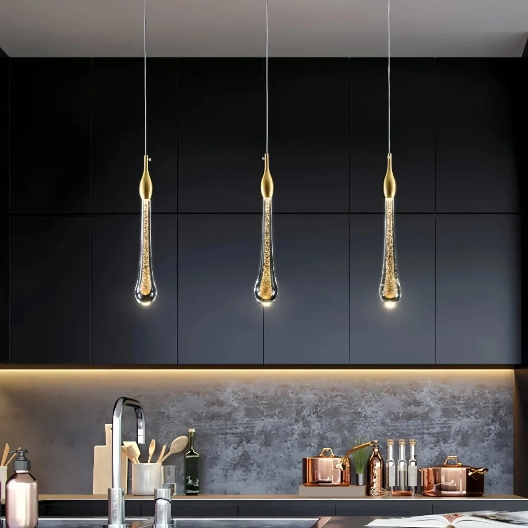 Lámpara colgante gotas de cristal LED dorada de estilo moderno