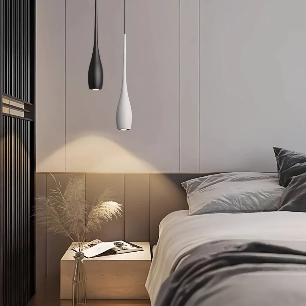 Lámpara colgante minimalista de gota LED regulable en altura para mesita de noche
