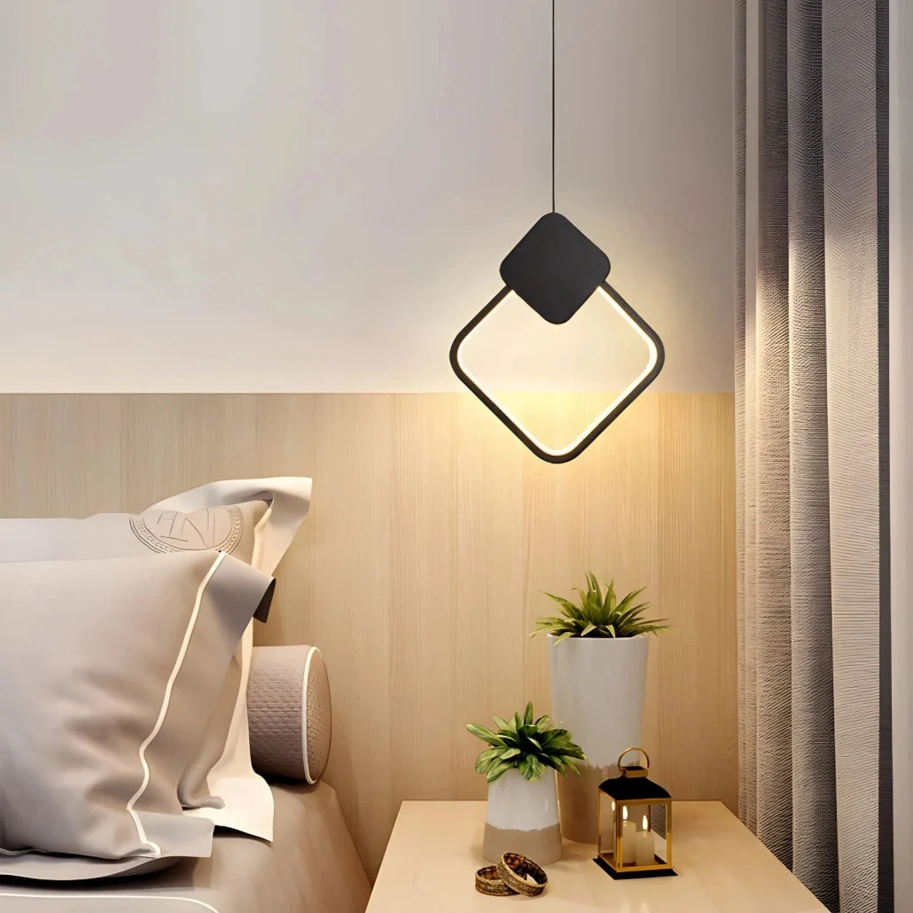Lámpara colgante diamante LED negra minimalista de luz suave para dormitorio