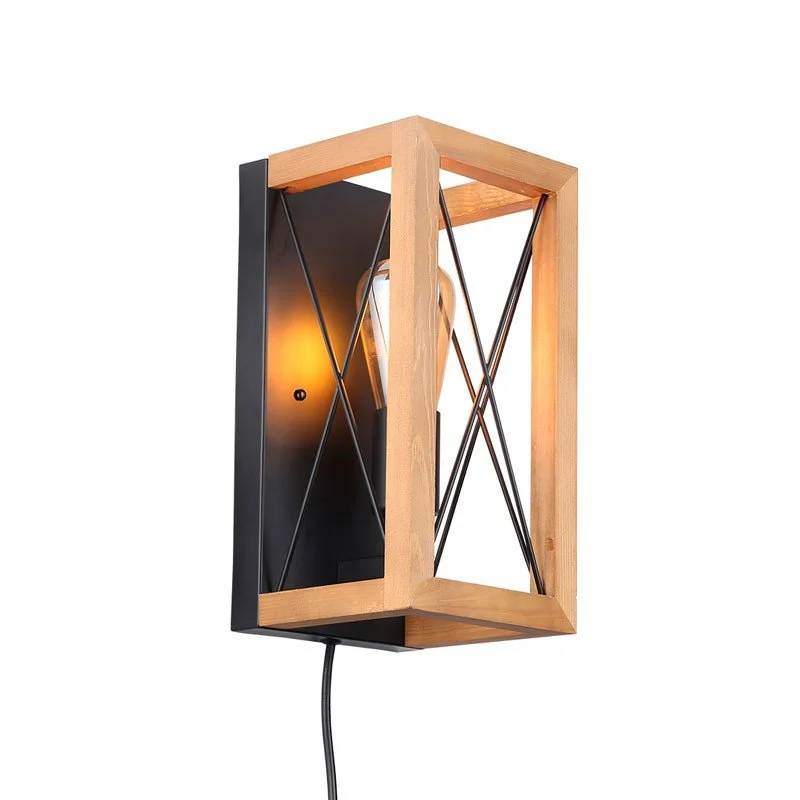 Aplique de pared en madera y metal, con cable y enchufe "Montse" - E27
